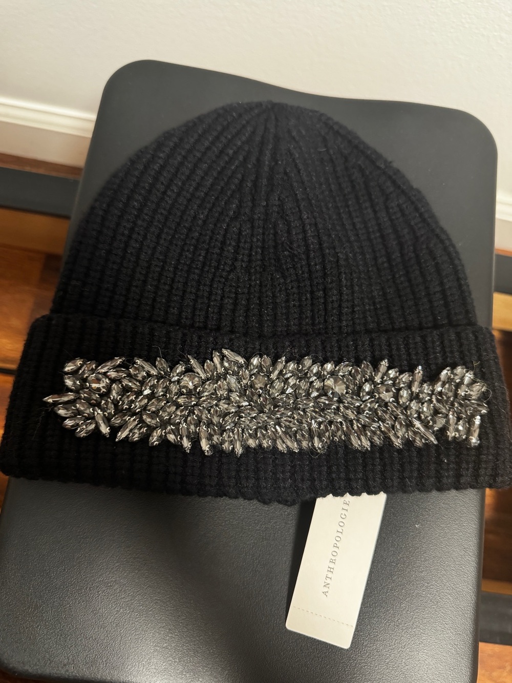 Anthropologie Black Ribbed Knit Beanie with Silver Crystal Band